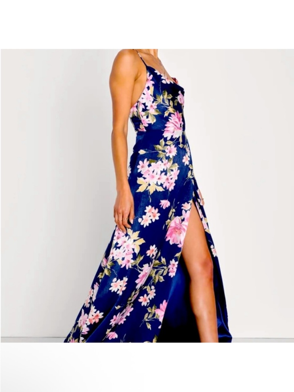 Lulus Love of Romance Navy Floral Print Satin Cowl Neck Maxi Dress - Size XS NWT - Picture 2 of 11